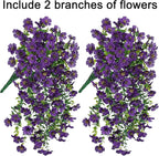 Artificial Faux Hanging Flowers Plants for Spring Outdoor Outside Decoration, 2 PCS Fake Silk Daisy with Eucalyptus UV Resistant Realistic Trailing Vines for Balcony Patio Porch (Dark Purple)