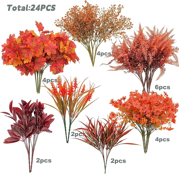 24 Bundles Fall Flowers Artificial for Decoration, Artificial Mums for Outdoor Maples Flowers for Outside Garden Yard Window Fall Decorations for Home Thanksgiving Autumn Fall Decor