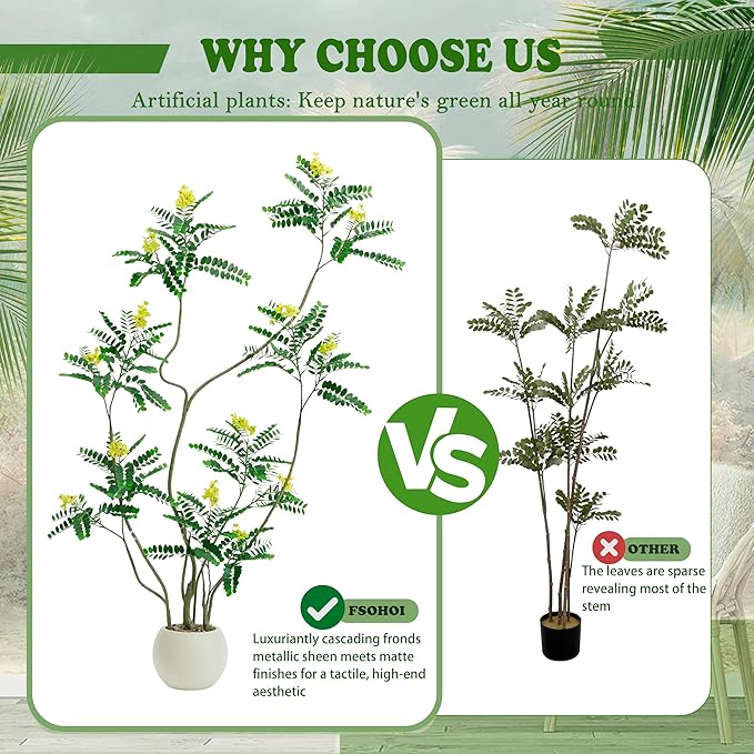 Artificial Mahonia Fortunei Tree - 6FT Artificial Plants Indoor, Fake Floor Plant with White Planter, Tall Sumac Faux Plants for Decor Indoor Home Sala Office Hotel Patio Studio (Yellow)