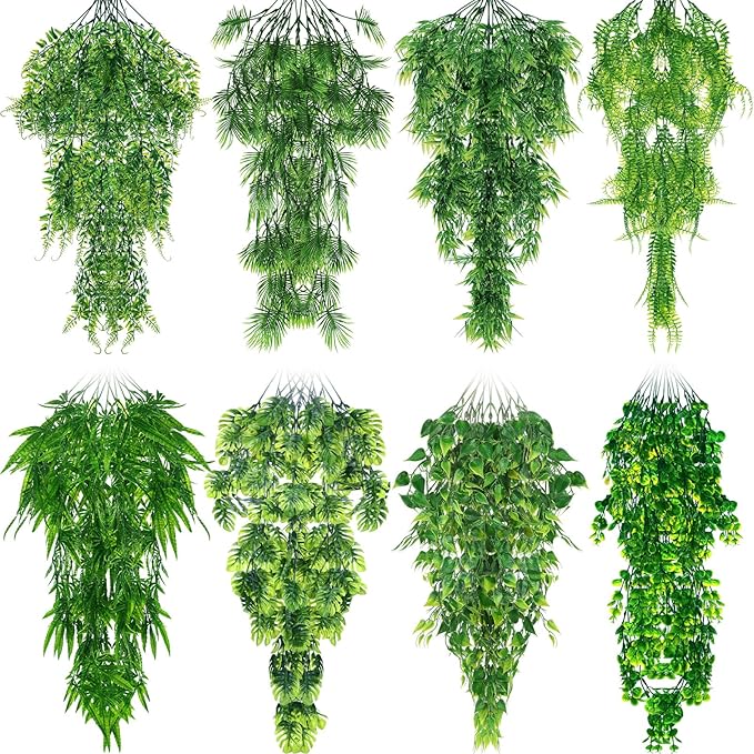 Suncalla Reptile Plants Terrarium Hanging Plants Vines Boston Climbing Terrarium Plant with Suction Cup for Bearded Dragons Lizards Crested Gecko Snake Crab Tank(Lush Series,Multiple Green)