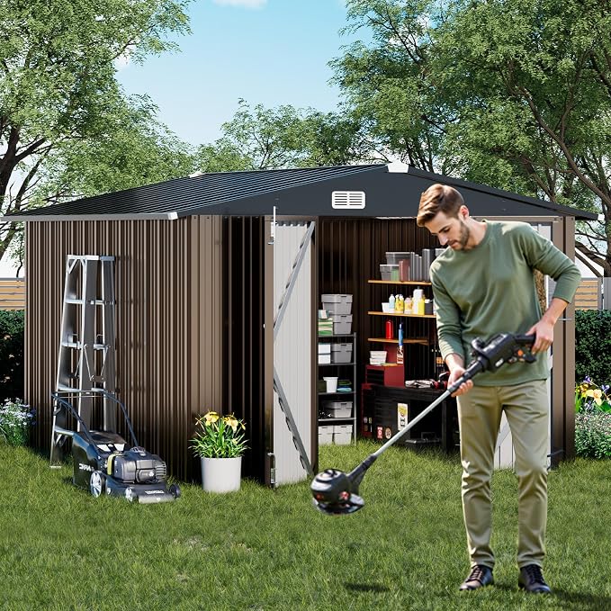 COMHOMA Shed Outdoor Storage Shed Metal,Lockable Doors Tool Sheds with Sloping Roof,Steel Garden Shed with Air Vent for Backyard,Patio,Lawn,Poolside (Brown, 10'x10')