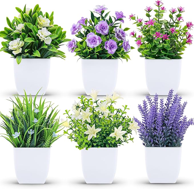 Der Rose 6 Pack Fake Plants Small Artificial Potted Faux Plants with Flowers for Home Bathroom Living Room Office Decor Indoor