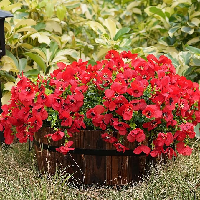 Artificial Flowers for Outdoor, UV Resistant Fake Silk Pansies Flowers, Realistic Faux Plants for Outside Indoor Porch Patio Window Box Planter Home Decor (16, Red)