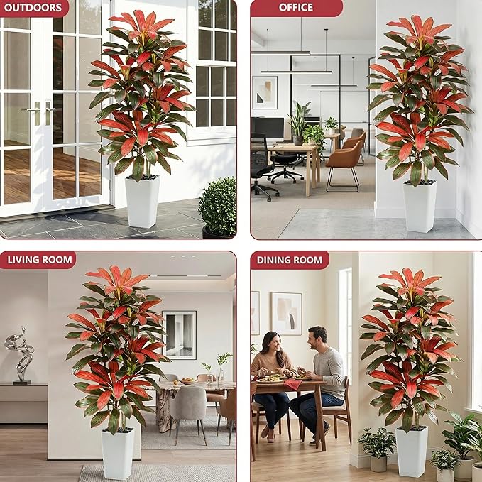 Artificial Red Dracaena Tree - 6FT Tall Fake Plants with White Tall Planter - Artificial Plants Indoor Floor Plant in Pot - Large Tropical Fake Yucca Potted Tree for Home Office Living Room Decor