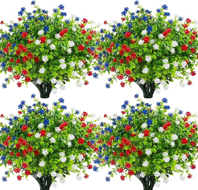 Hananona Artificial Flowers Outdoor, Faux Artificial Plants UV Resistant Plastic Flower Bulk for Hanging Planter Porch Window Home Wedding Fall Summer Decor (24, Red, White, Blue)