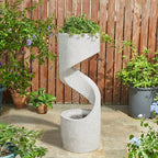 Glitzhome Outdoor Water Fountain with LED Light, Modren Curved Waterfall Fountain with Stone Planter, Faux Terrazzo Spiral Shaped Outdoor Fountains Water Feature for Garden Patio Deck Porch, 40.25”H