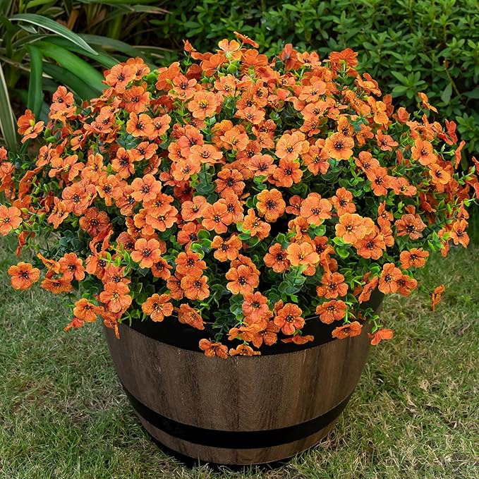 Lnoicy 20 Bundles Artificial Flowers for Outdoor Fake Plants for Spring Decoration,Faux Eucalyptus Flowers for Planter UV Resistant Lifelike for Home Porch Garden（Orange）
