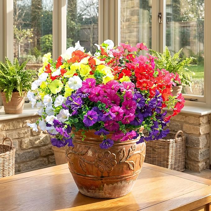 Artificial Flowers for Outdoors, 6 Bundles Fake Plants for Outside Decoration, UV Resistant No Fade, Realistic High End Silk Plastic Morning Glory for Planter Porch Patio Yard Garden