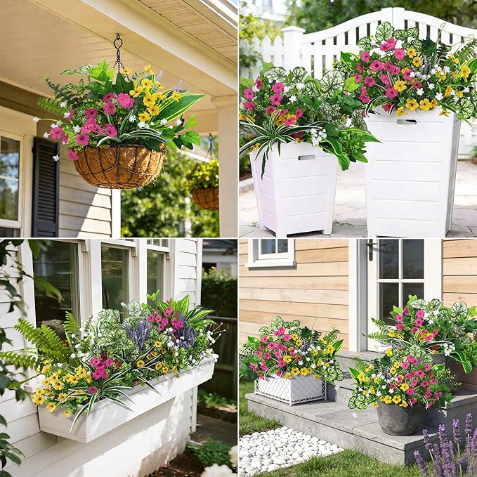 Roberly 20 Pcs Artificial Plants Outdoor, Fake Plants UV Resistant Greenery Stems Plastic Leaves Faux Flowers Bushes for Spring Summer Table Patio Front Porch Garden Indoor Outdoor Home Decor