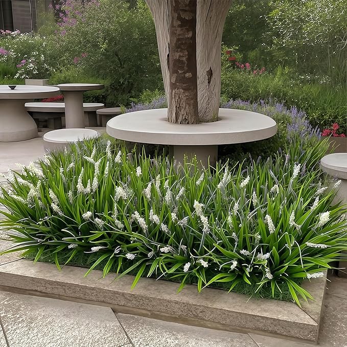 Yimingjin 12 Bundles Artificial Grass Fake Plants，Outdoor Fake Monkey Tail Grass with Flowers for Pot UV Resistant Lavender Patio Garden Porch Home Window Hanging Planter Decor Faux Shrubs(White)