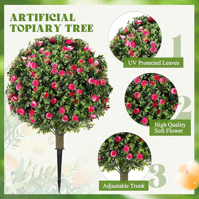 Lunmon 2 Pack 24" Artificial Topiary Ball Plants Trees with Flowers, Outdoor Fake Topiary Plants with Ground Spike, UV Resistant Faux Bushes for Indoor Outdoor Front Door Decor(Pink, White,Rose)