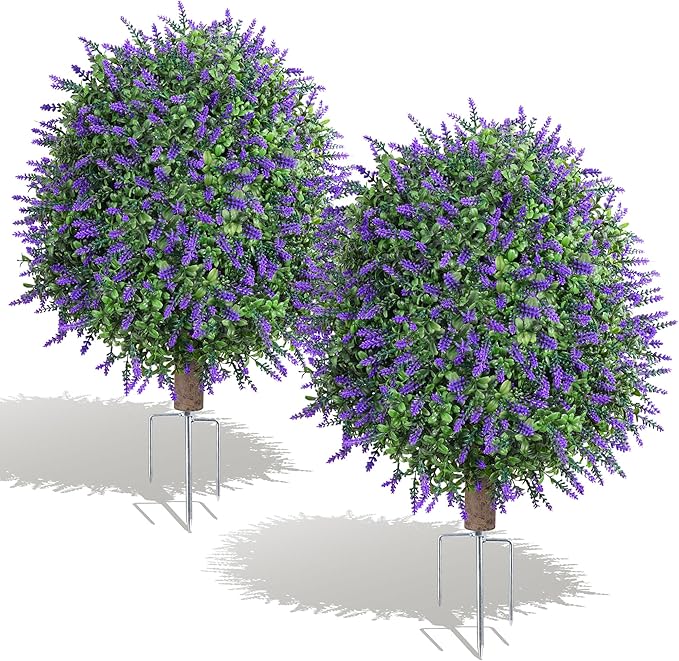 26'' Artificial Boxwood Topiary Trees with Lavender Flowers 2 Pack Fake Plants for Outdoor Indoor Artificial Shrubs with Metal Ground Spike UV Resistant Fake Bushes for Front Porch Garden, White