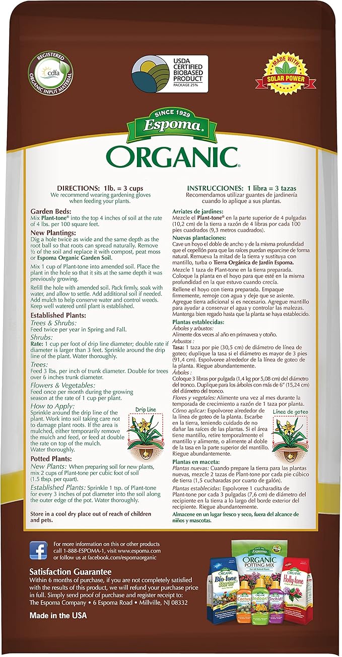 Espoma Organic Plant-Tone 5-3-3 Natural & Organic All Purpose Plant Food; 4 lb. Bag; The Original Organic Fertilizer for All Flowers, Vegetables, Trees, and Shrubs.