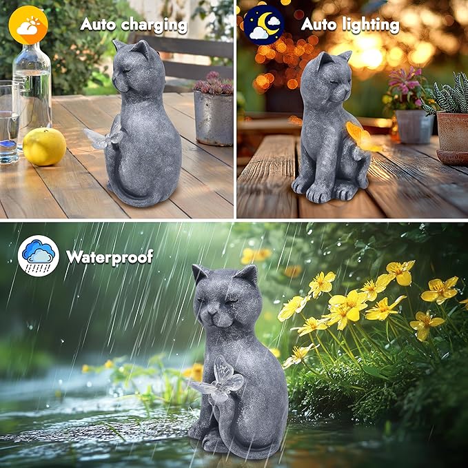 Gift Boutique Cat Outdoor Statues with Solar Butterfly Light Cute Garden Figurine for Yard Patio Lawn Pathway Decor Waterproof Resin Cat Sculpture