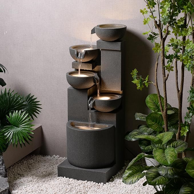 39.76” H 5-Tiers Cascading Bowls Outdoor Water Fountain Made with Eco-Friendly Recyclable Materials, Polyethylene Waterfall Fountain, Outdoor Decor with LED Lights for Patio, Backyard (39.76")