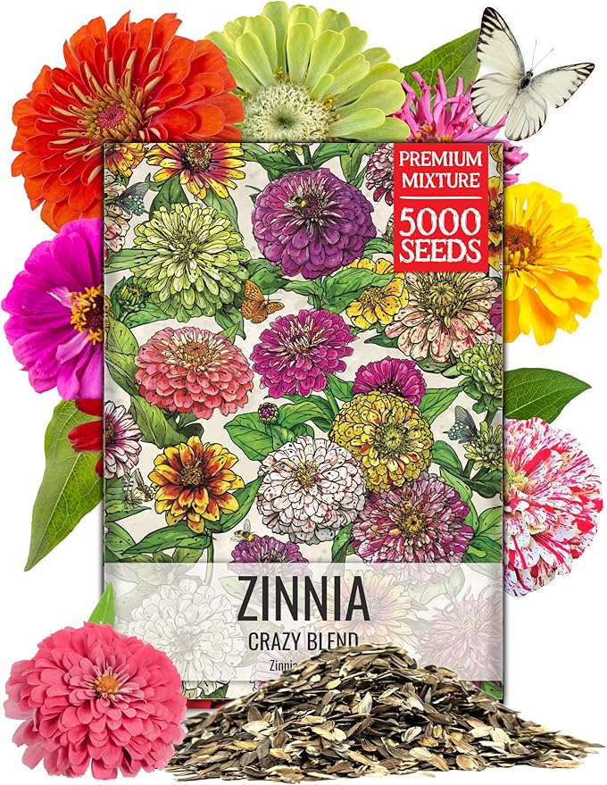Seed Needs Crazy Zinnia Seeds 15+ Varieties Specialty Blend | 5,000+ Seeds Zinnia Elegans Open Pollinated | Includes California Giants, Candystripe & State Fair Species | Bulk