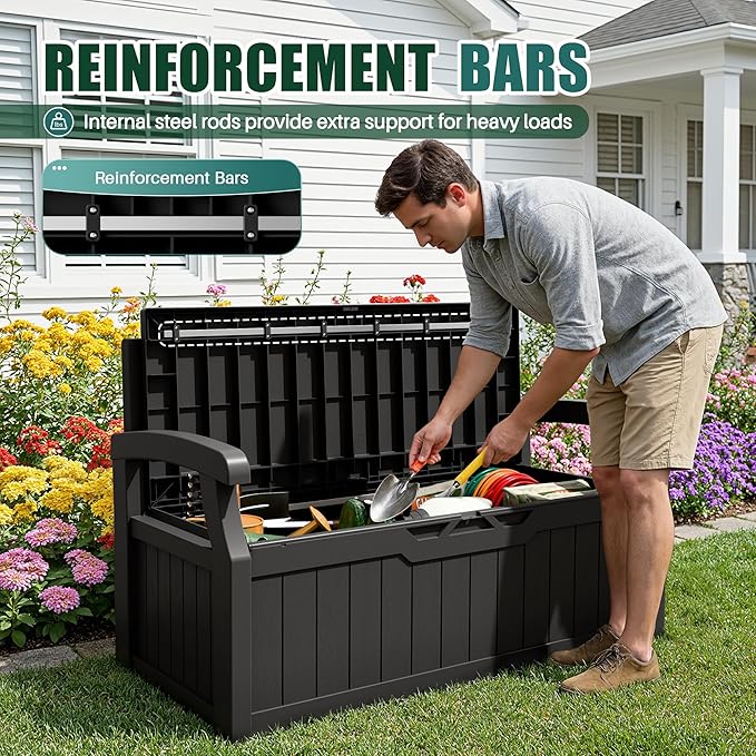 Devoko 80 Gallon Storage Bench with Cushion, Lockable Deck Box for Patio Furniture, Garden Decor and Outdoor Seating for Cushions, Garden Tools and Pool Supplies (Black, 80 Gallon with Cushion)