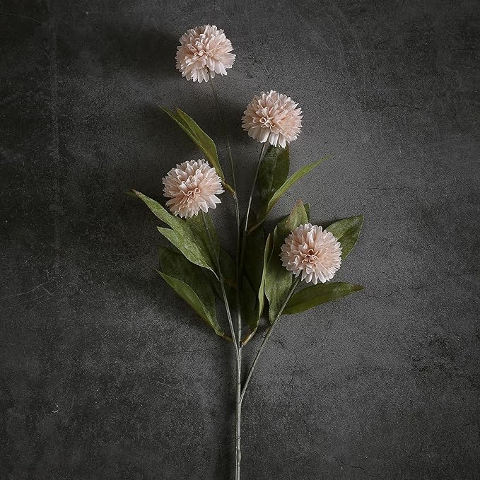 VIERENA 6 Pcs Faux Silk Pompon Mum Artificial Flowers for Vase -27", Bulk Fake Chrysanth Branches with Stems for DIY Bouquet Centerpieces Wedding Fillers Arrangements Shower Decorations (Beige)