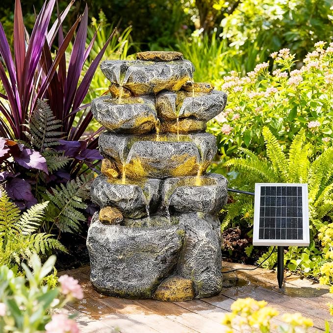 Solar Water Fountain Outdoor Garden, 24" H Cascading Stone Design 5 Tier Rock Feature Outdoor Fountains Waterfalls with Light, Pump Solar Panel for Patio, Deck, Porch, Backyard Home Décor