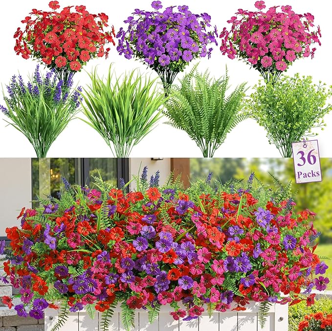Alupssuc 36 Bundles Artificial Flowers for Outdoors Spring Planters Decoration, UV Resistant Faux Eucalyptus Violet and Lavender Silk Fake Plants for Outside Indoor Yard Home Patio Decor, Mix 3 Colors
