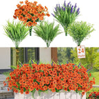 Alupssuc 24 Bundles Artificial Flowers for Outdoors Spring Decoration, UV Resistant Eucalyptus Violet and Lavender Silk Fake Plants for Outside Indoor Yard Home Patio Decor, Orange