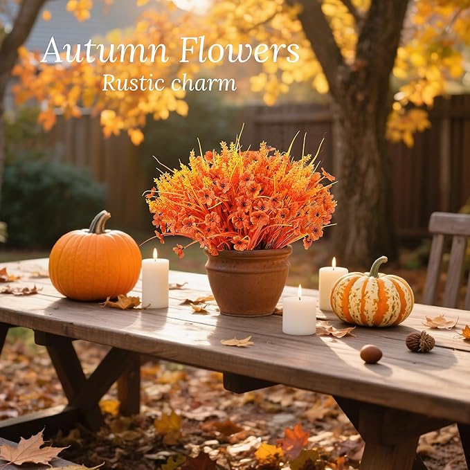 Der Rose 24 Bundles Fall Mums Artificial Flowers for Outdoor Fake Flowers Plants UV Resistant for Home Garden Porch Window Wedding Decor(Orange)