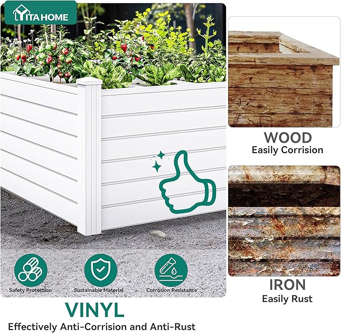 YITAHOME 48x48x24 in Plastic Raised Garden Bed with Growth Grid, Large Outdoor Vinyl Planter Box for Plants, Vegetables, and Flowers, Easy Installation, White