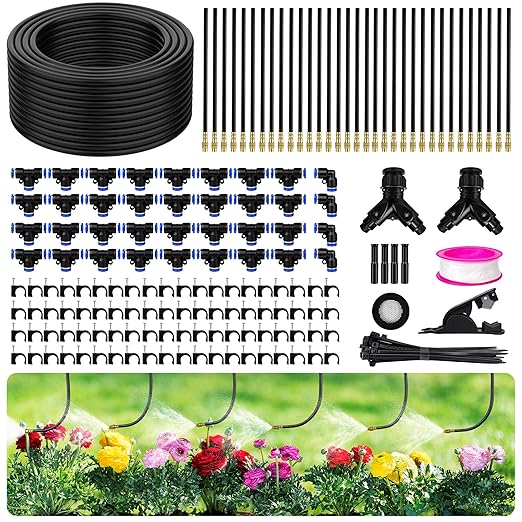 200FT 360° Adjustable Drip Irrigation Kit System for Garden Sprinklers for Yard Garden Watering System with 32 Nozzles Raised Bed Greenhouse Plant Watering Devices Misting System