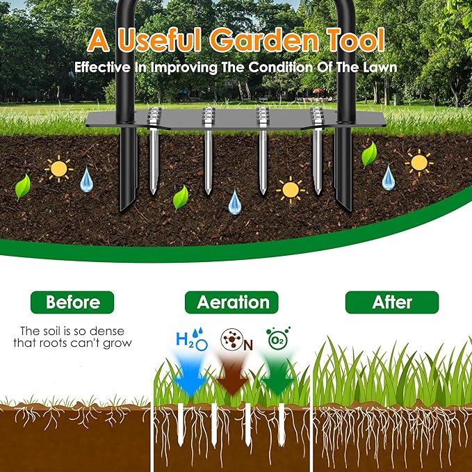 2-in-1 Lawn Aerator, Heavy Duty Manual Core Aerator Lawn Tool with 16 Iron Spikes & 4 Hollow Tines Garden Tools for Yard Grass Soil