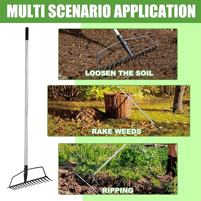 YEELOR Garden Rake, Heavy Duty 16-Tine Bow Rake with Adjustable Stainless Steel Handle, Metal Rake for Yard Work, Loosening Soil, Leveling Mulch, Gathering Leaves