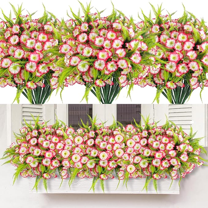 Artificial Flowers for Outdoors 12 Bundles Pink Artificial Petunias Fake Flowers UV Resistant Shrubs Plants with Fern for Indoor Outside Hanging Planters Home Garden Spring Decorations