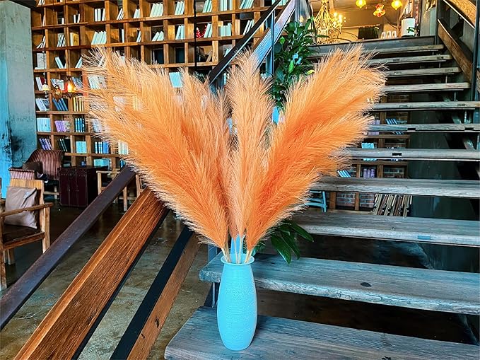 Premium Faux Golden Apricot Pampas Grass – 43.3" Tall Fluffy Warm Decor, 8pcs 18-Branch One-Piece Stems No Assembly, Luxury Silk-Feel Feather Flowers for Boho Modern Decor , Honey Apricot 8 Stems110cm