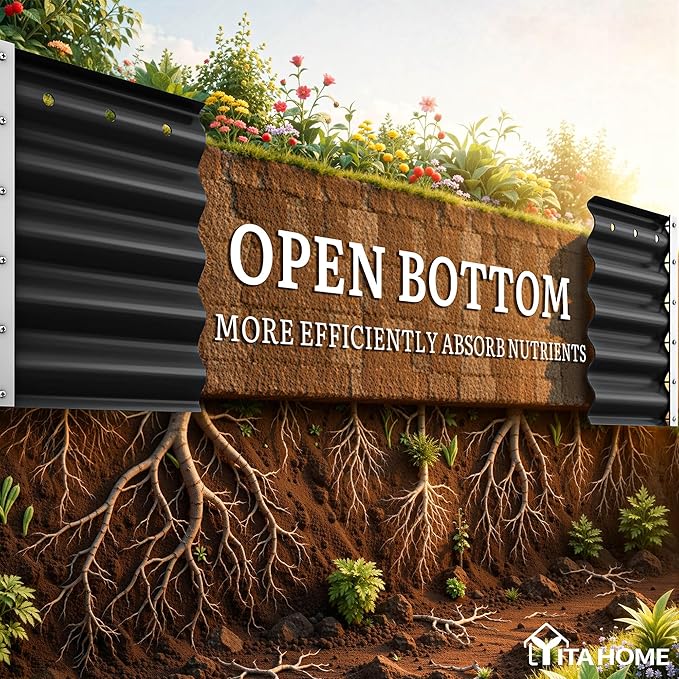 YITAHOME 8x2x1.5ft Large Raised Garden Bed Kit, 17" Tall 9 in 1 Galvanized Metal Planter Box with Gloves & Safety, Outdoor Above Ground Planters for Plants Vegetables Flowers, Black