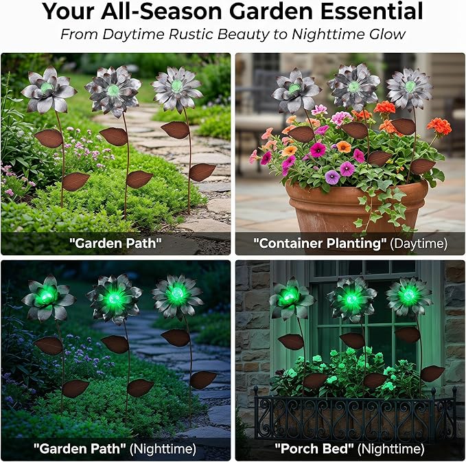 Topadorn 3-Pack Glow-in-the-Dark Metal Flower Garden Stakes, 14" Weatherproof Outdoor Plant Picks, Rustic Yard Art for Lawn & Patio