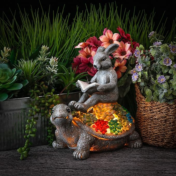 TERESA'S COLLECTIONS Garden Statues Rabbit Turtle Solar Outdoor Light for Garden Decor, Resin Outdoor Statues Tortoise Bunny Sculptures for Lawn Patio Porch Yard Decor Garden Gifts for Mom Women, 9"