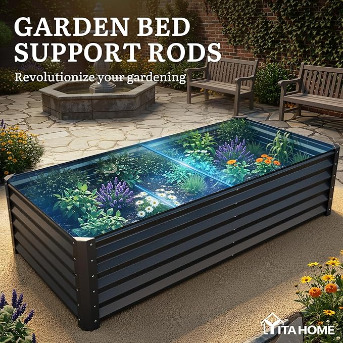 YITAHOME 6x3x1.5ft Large Raised Garden Bed Kit, Galvanized Metal Planter Box with Gloves, Support Rod, Outdoor Above Ground Planters for Plants, Vegetables, Flowers, Black
