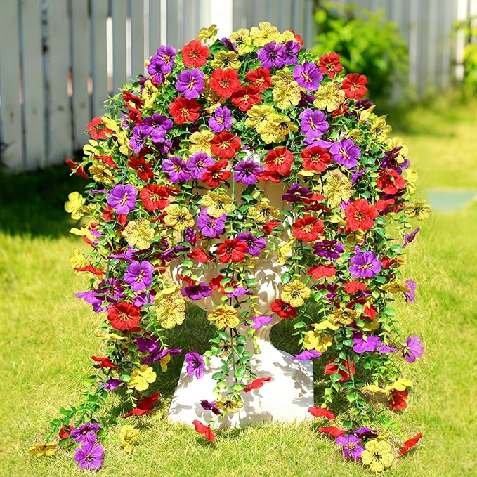 Artificial Flowers for Outdoors Spring Decor, 6 Bundles UV Resistant Realistic Faux Silk Hanging Flowers, Fake Plants for Planter Indoor Outside Garden Porch Patio Balcony Yard Farmhouse（Mix）