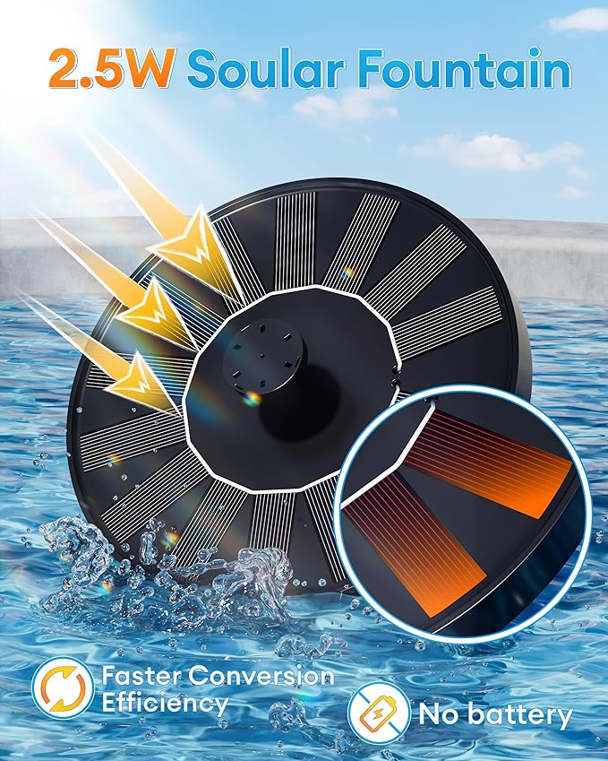 2.5W Solar Bird Bath Fountains– Upgraded Solar Pond Fountain with 6 Nozzles,Solar Fountain for Bird Bath, Pond, Garden Decor (Black)