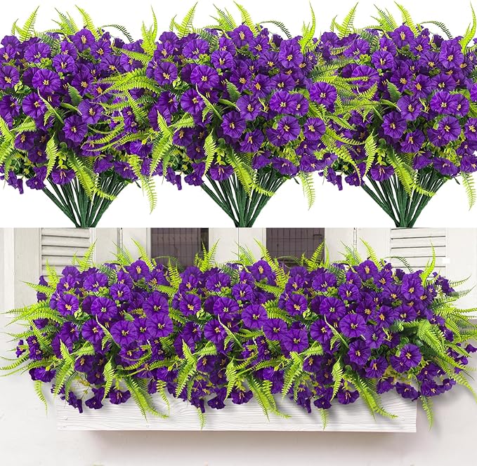 Artificial Flowers for Outdoors 12 Bundles Artificial Petunias Fake Flowers UV Resistant Shrubs Plants with Fern for Indoor Outside Hanging Planters Home Garden Summer Decorations (Purple)