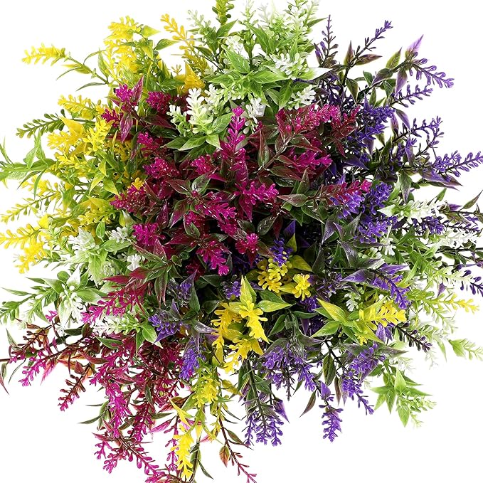 Xinnun 24 Bundles Flowers Outdoor Plants Fake Lavender Plant Artificial Greenery Decoration UV Resistant Plastic Faux Flowers for Home Garden Porch Courtyard Outdoor Indoor