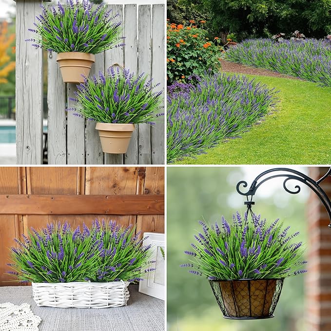 Bassion Artificial Flowers for Outdoors, 24 Bundles Fake Lavender Flowers UV Resistant Violet Plastic Plants Faux Monkey Grass for Home Porch Garden Window Box Indoor Outdoor Decorations