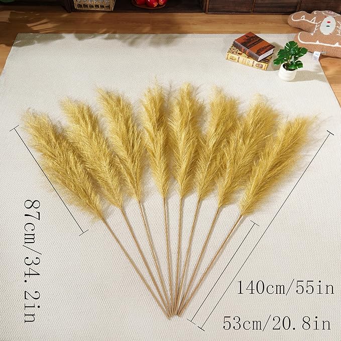 Premium Faux Gold Pampas Grass – 55" Tall Ultra-Fluffy 24-Branch One-Piece Stems No Assembly, Luxury Silk-Feel Feather Flowers for Wedding Boho Luxe Home Decor (Champagne Gold, 8 Stems)