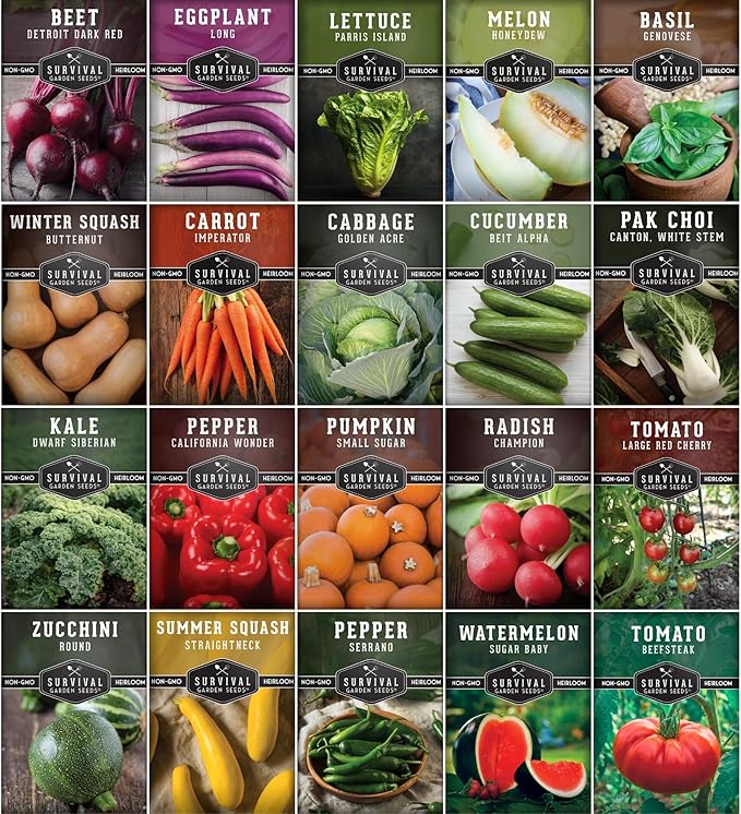 Vegetable Garden Starter Kit – 20 Variety Heirloom Non-GMO Seeds for Planting | Giftable Family Garden Kit for Beginner Victory Gardens – Start Growing Indoors or Outdoors – Survival Garden Seeds