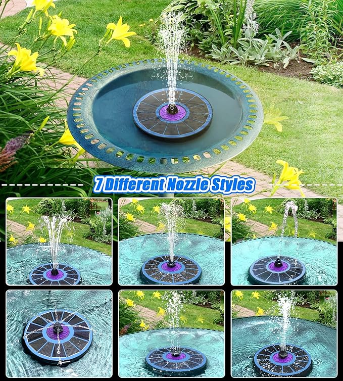 SZMP Solar Fountain 3.5W Bird Bath Fountains with Flower Upgraded Glass Panel, Solar Powered Water Fountain with 7 Nozzle & 4 Fixer, Solar Fountain Pump for Bird Bath, Garden, Pond, Pool (Blue)