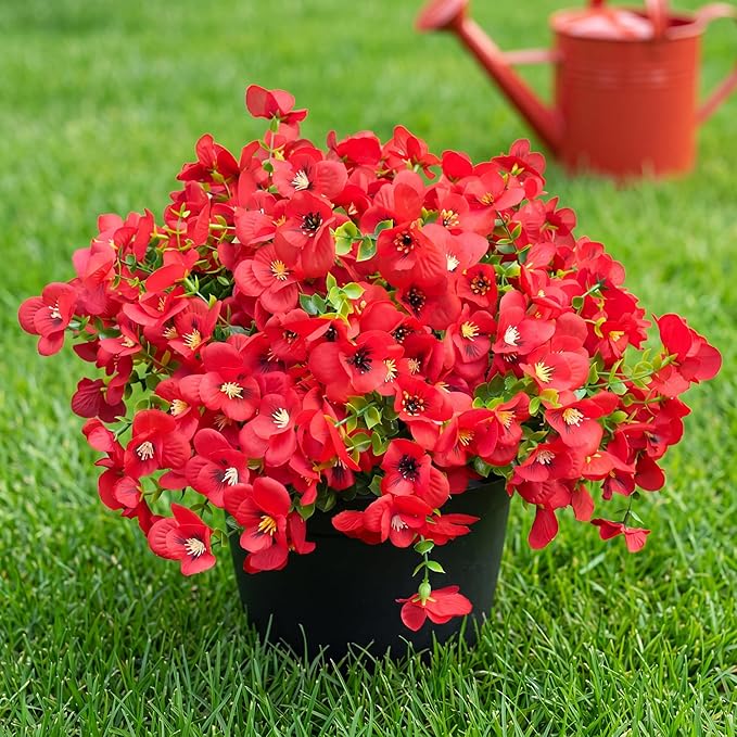 Artificial Flowers for Outdoor, UV Resistant Fake Silk Pansies Flowers, Realistic Faux Plants for Outside Indoor Porch Patio Window Box Planter Home Decor (16, Red)