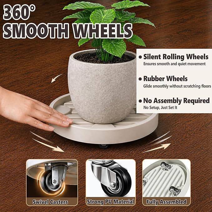12Inch Plant Caddy with Hidden Wheels, Rolling Plants Stand with Wheel, 4 Invisible Casters, Indoor Plant Saucers on Wheels, Heavy Duty Wheeled Plant Dolly, Planter Roller Base, Beige, 2Pack