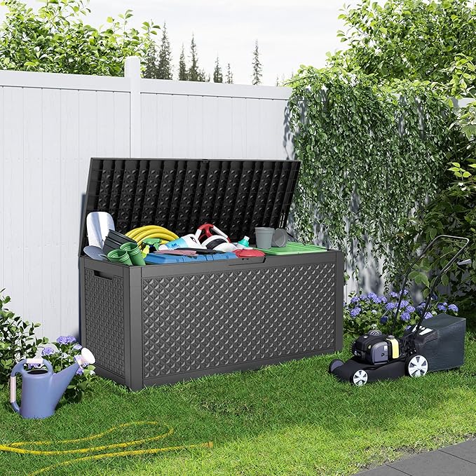 PatioZen 110 Gallon Resin Deck Box, Lockable Patio Outdoor Storage Box for Furniture, Garden Tools and Tools Storage, Waterproof Outside Storage Boxes - Patterned black