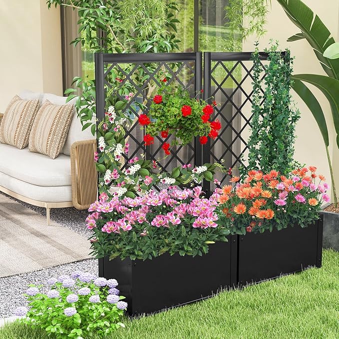 HAPPYGRILL 2 Raised Garden Bed with Trellis, 44” Metal Elevated Garden Box for Climbing Plants Vine, Outdoor Planter Box for Yard, Garden, Balcony