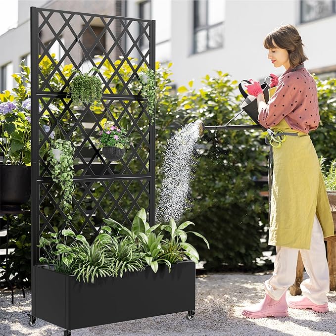 Casaphoria Metal Raised Garden Bed with Trellis and Wheels, 72"x35"x16" Planter Box for Climbing Plants, Vegetables & Vines, Features Drainage Holes and Privacy Screen (Black-Rhombus)