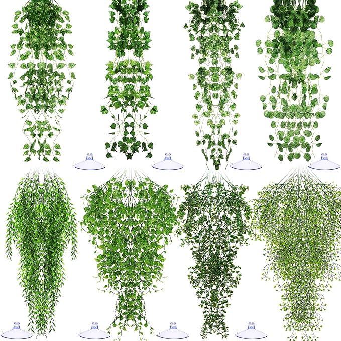 Suncalla Reptile Plants Terrarium Hanging Plants Vines Boston Climbing Terrarium Plant with Suction Cup for Bearded Dragons Lizards Crested Gecko Snake Crab Tank(Petite Leaf Series,Multiple Green)